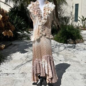 Chic Ruffled Cream and Brown and Peach 2 Piece Dress
